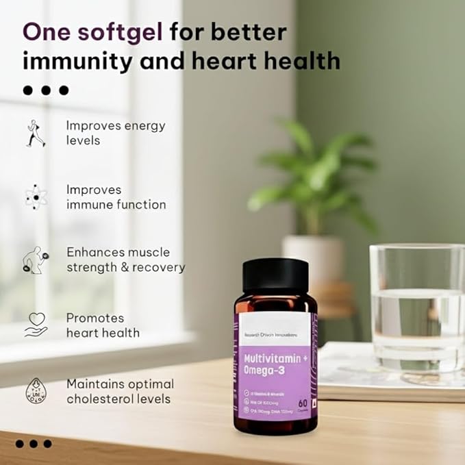 Omega 3 Fish Oil 1000mg Capsules with Multivitamin (60 Capsules) | Fish Oil EPA DHA with Ginseng &amp 21+ Ingredients for Energy Immunity