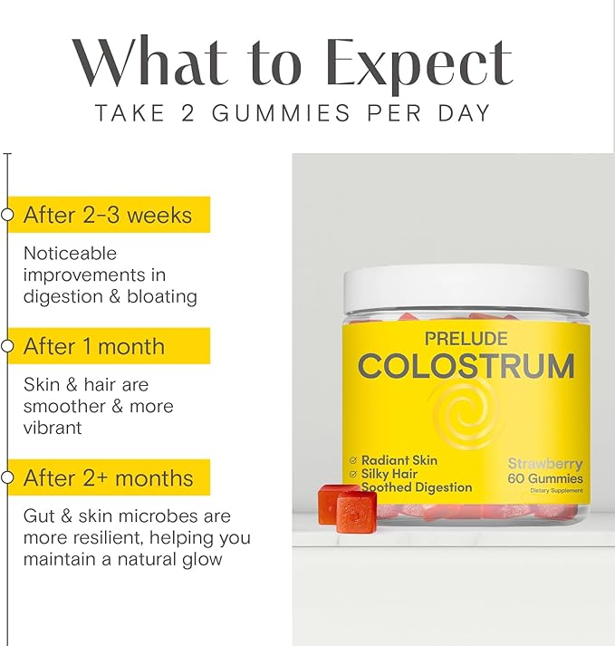 Prelude Bovine Colostrum Chews for Gut Health Bloating &amp Beauty for Women &amp Men - Grassfed Colostrum Gummies for Digestive Health Immunity &amp Overall Wellness - Colostrum Supplement Made i
