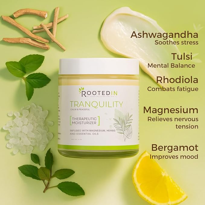 Rooted In Magnesium Cream with Ashwagandha – Calming Botanical Body Lotion – High-Concentration Topical Magnesium for Daily Relaxation &amp Skin Nourishment – 4oz Glass Jar