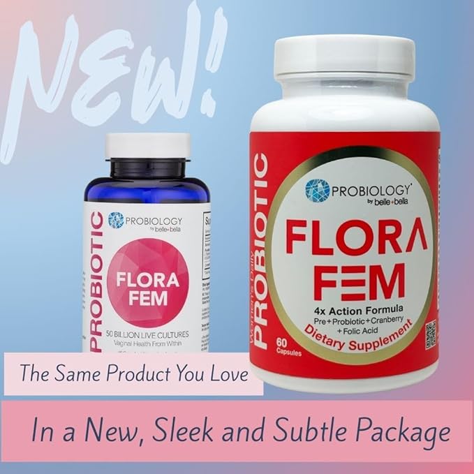 Belle+Bella Probiology Flora Fem - Daily Probiotics for Women - 4X Action Prebiotic + Probiotic + Cranberry + Folic Acid for Digestive Urinary Tract Reproductive &amp Vaginal Health - 60 Caps