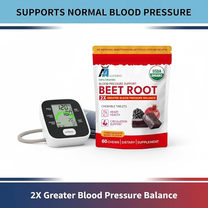 Aarkani Organic Beet Root Chewable Tablets Blood Pressure Support 60 Count Pomegranate Berry Flavor