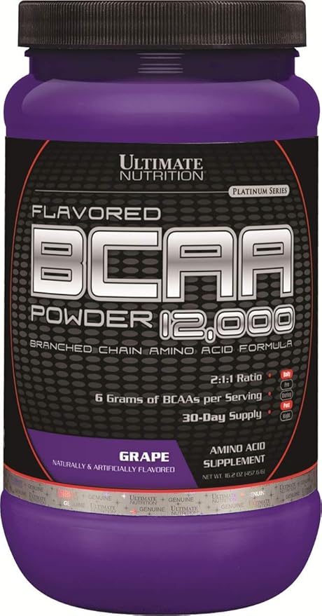 Ultimate Nutrition Flavored BCAA Powder - Caffeine Free with 3g Leucine 1.5g Valine 1.5g Isoleucine - Post Workout Amino Acid Supplement Grape 60 Servings