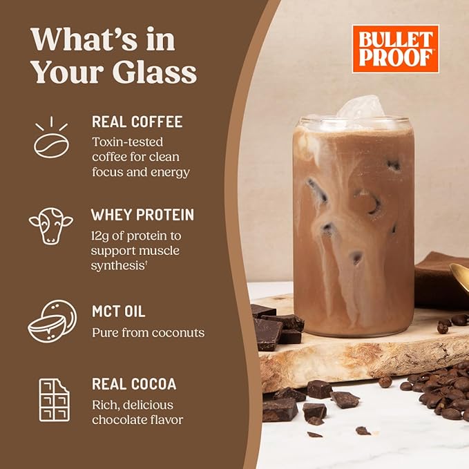 Bulletproof Iced Protein Coffee Mocha 12g Whey Protein + MCT Oil 170mg Caffeine Instant Coffee from Real Beans &amp Cocoa Tested for Toxins No Artificial Flavors &amp Sweeteners 14 Servings