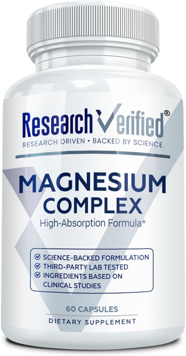 Research Verified Magnesium Complex - Brain Muscle and Nerve Support - Magnesium Bisglycinate Malate Citrate and Oxide - Bioperine - Vegan - 60 Capsules - Pack of 1
