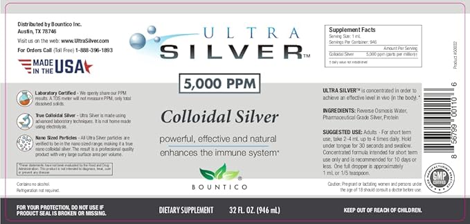 Ultra Silver® Colloidal Silver | 5000 PPM 32 Oz (946mL) | Mineral Supplement | True Colloidal Silver - 4 oz Dropper Bottle (Empty) Included for Dispensing!