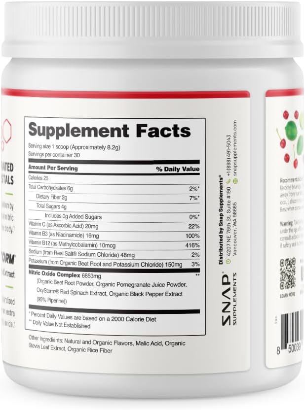 Snap Supplements Organic Beet Root Powder Nitric Oxide Supplement for Men &amp Women Red Spinach &amp Pomegranate Supports Healthy Energy &amp Blood Pressure Already in Normal Range 30 Servings
