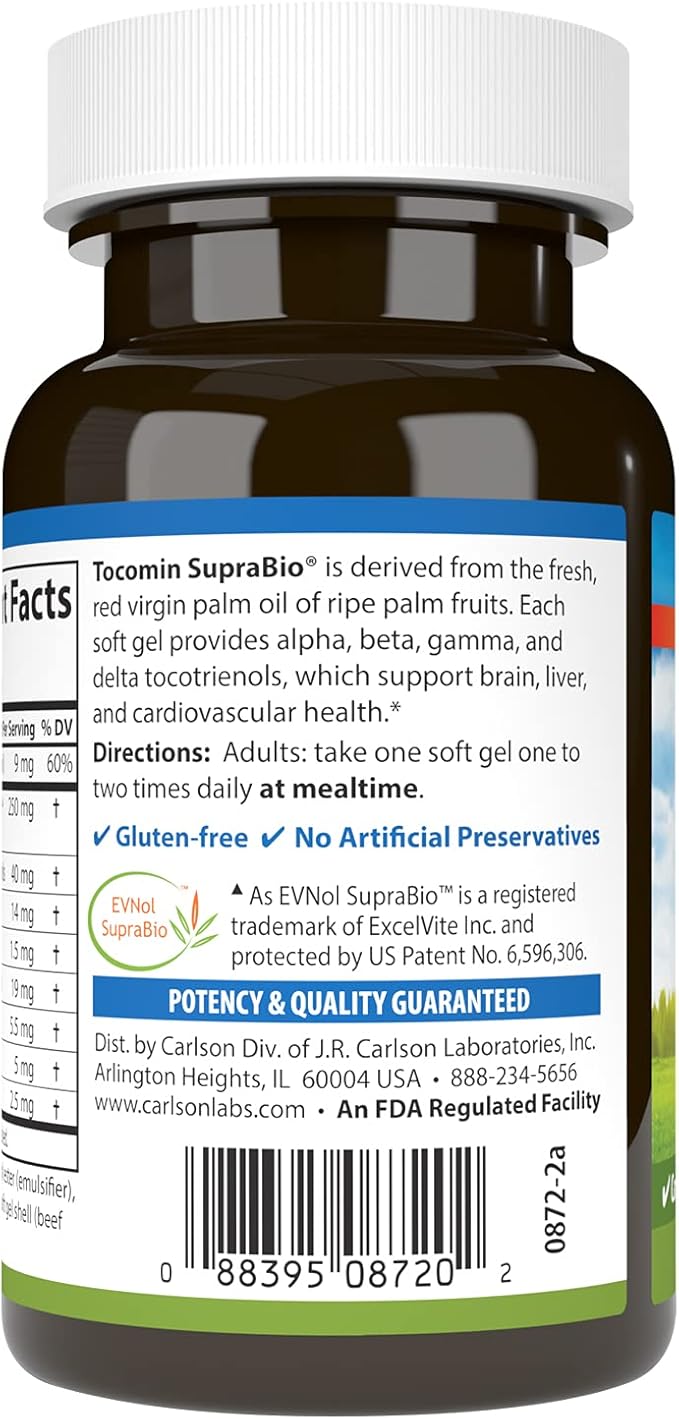 Carlson - Tocomin SupraBio Full Spectrum Tocotrienol Complex Non-GMO Tocotrienols Alpha Beta Gamma Delta 120 Softgels