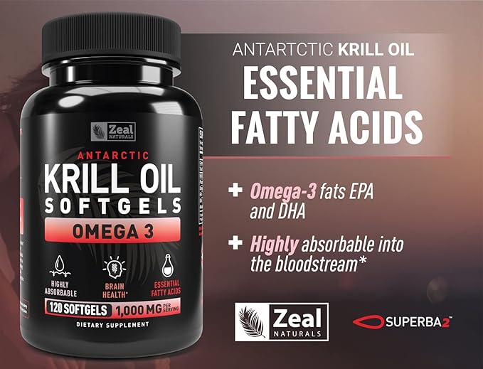 Antarctic Krill Oil 1000mg (120 Softgels) Omega 3 Fish Oil Supplement with EPA DHA &amp Astaxanthin - for Joint Brain and Heart Support for Men and Women