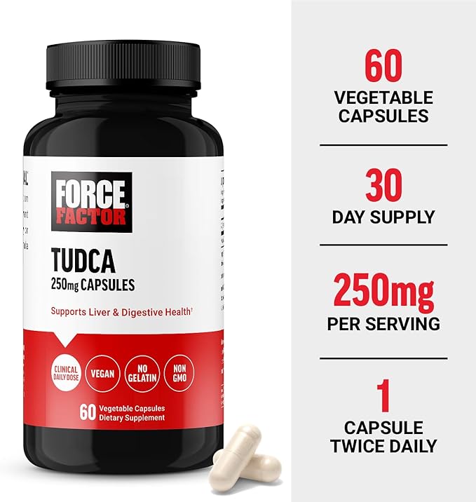 Force Factor TUDCA Liver Support Supplement Powerful Bile Salt for Gallbladder Health and Liver Health Tauroursodeoxycholic Acid Clinical Dose Vegan Friendly Non-GMO 60 Vegetable Capsules