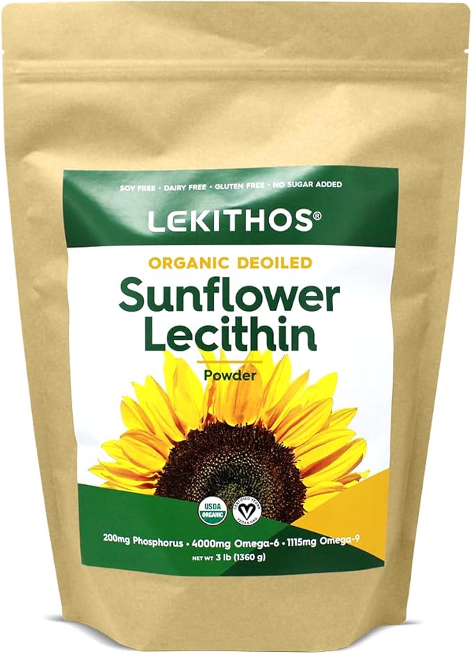 Organic Sunflower Lecithin Powder (Deoiled) | 1770mg Phosphatidylcholine Per Serving | Omega-6 &amp Omega-9 Fatty Acids | USDA Organic Non-GMO Soy-Free Gluten-Free Vegan | 3lb (1360g)