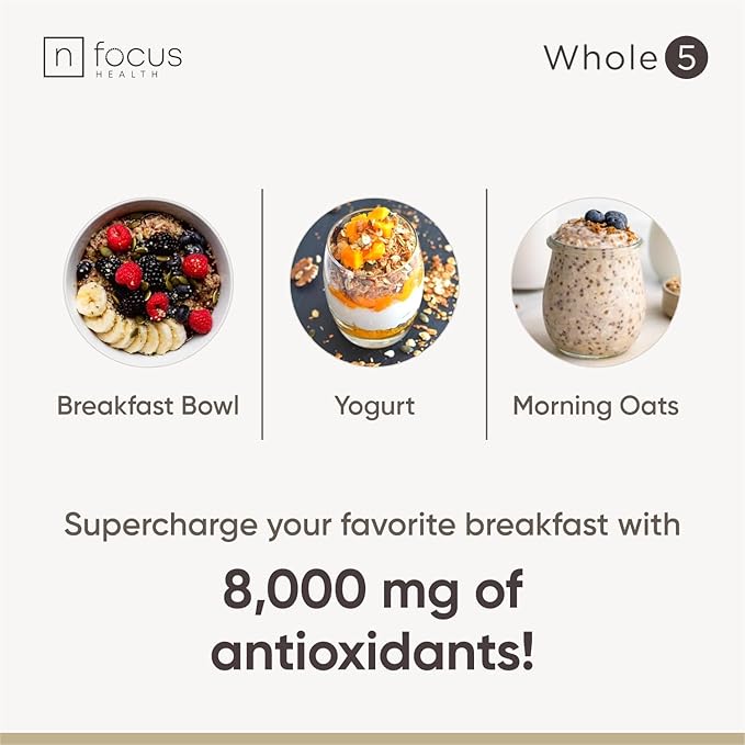 Whole5 Antioxidant Superfood Powder | Longevity Mix w/Acai Acerola Cherry Coffee Fruit Ceylon Cinnamon &amp Cacao | Smoothie Shake &amp Bowl Add-Ins | 8000mg per Scoop | 30 Servings