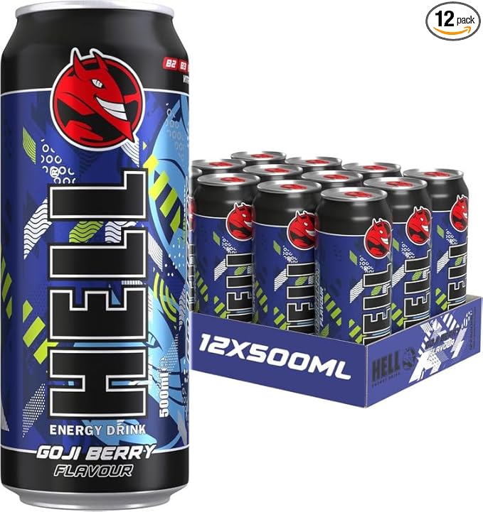 HELL Energy Drink | +20% More Caffeine | Vitamins B2 B3 B6 B12 C &amp D | No Preservatives | Environmentally Friendly Packaging | 12 x 500 ml | Compatible with HELL Energy