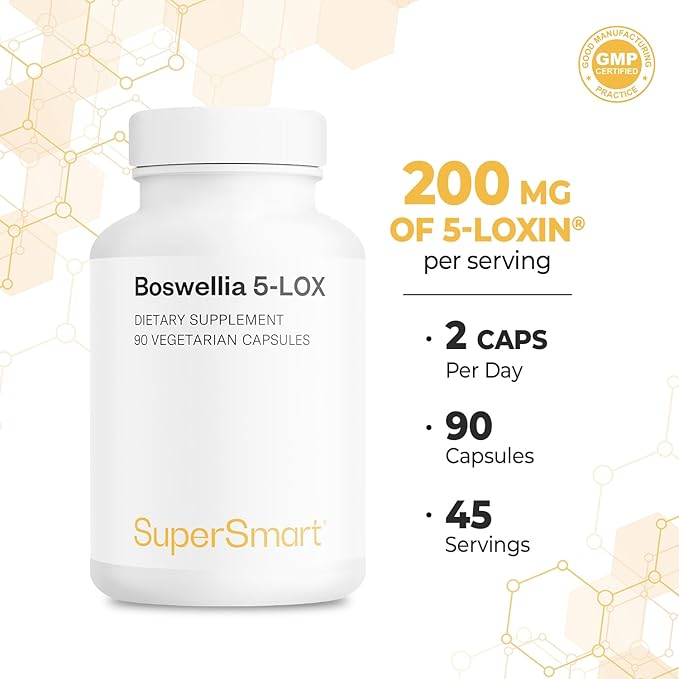 Supersmart - 5-Loxin 200mg per Day (Patented) - AKBA Supplement - 5-Loxin Boswellia Serrata Extract | Non-GMO &amp Gluten Free - 90 Vegetarian Capsules