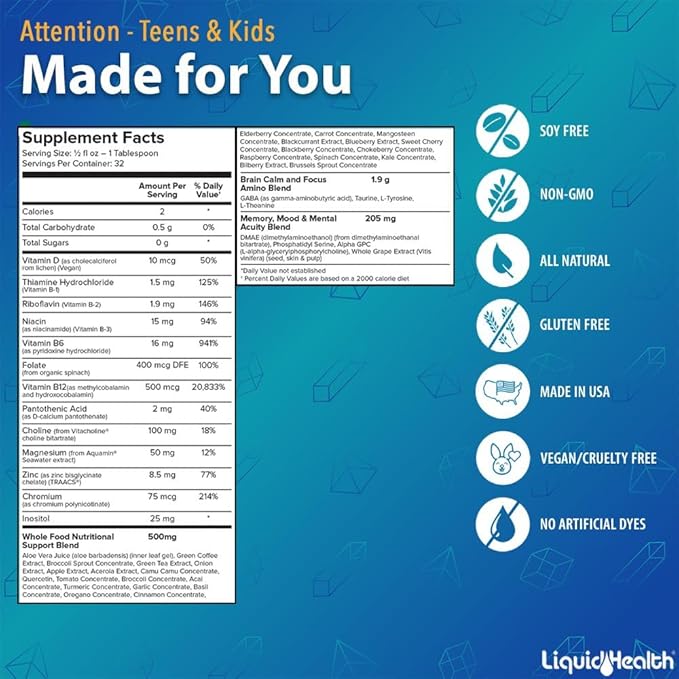 LIQUIDHEALTH Attention Liquid Multivitamin for Kids &amp Teens - Improves Memory Retention Concentration Focus Mood Relaxation &amp Calming - Made in the USA Great Taste Vegan Sugar-Free (2