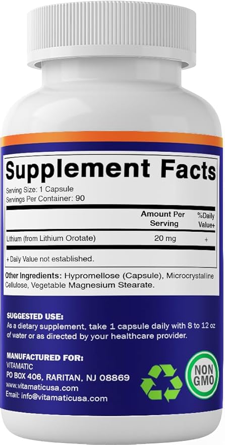 Vitamatic Lithium Orotate 20mg 90 Capsules - Veggie Caps Non-GMO Gluten Free- 2 Pack