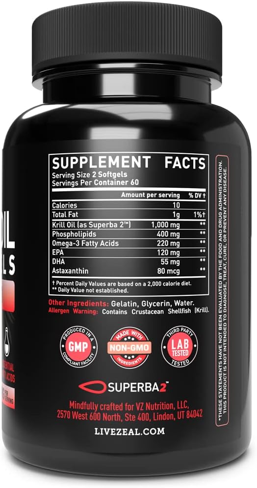 Antarctic Krill Oil 1000mg (120 Softgels) Omega 3 Fish Oil Supplement with EPA DHA &amp Astaxanthin - for Joint Brain and Heart Support for Men and Women