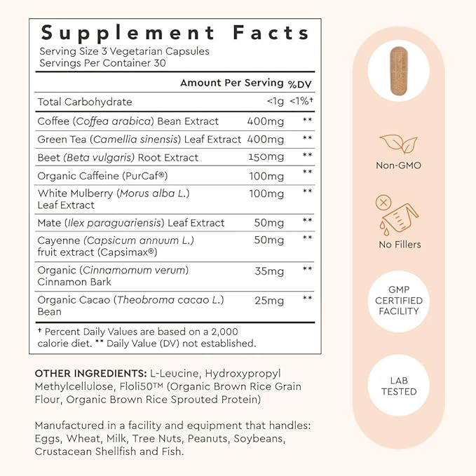 Alaya Naturals Metabolism+ Natural Energy with Green Tea Cinnamon Beet Root Caffeine Non-GMO– 60 Capsules