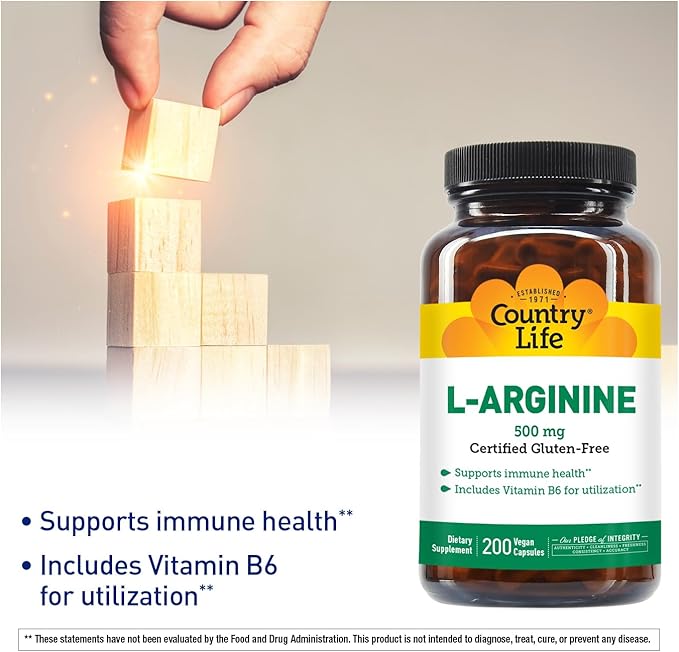 Country Life L-Arginine Caps with Vitamin B-6 500mg 200 Vegan Capsules Certified Gluten Free Certified Vegan
