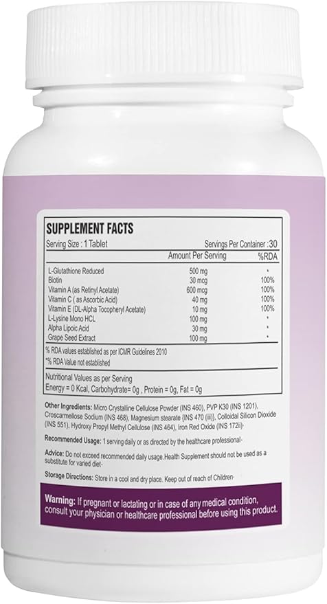 Generic L-Glutathione Tablets with Biotin Vitamin A.C E Alpha Lipoic Acid &amp Grape Seed Extract (30 Tablets) for Healthy and Youthful Glowing Skin for Men and Women Pack of-1