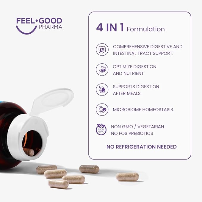 Feel Good Digestive Enzymes 4-in-1 Synbiotic+ – with Prebiotics Probiotics &amp Postbiotics – Gut Health Digestion &amp Bloating Relief – Pharmacist Formulated for Adults