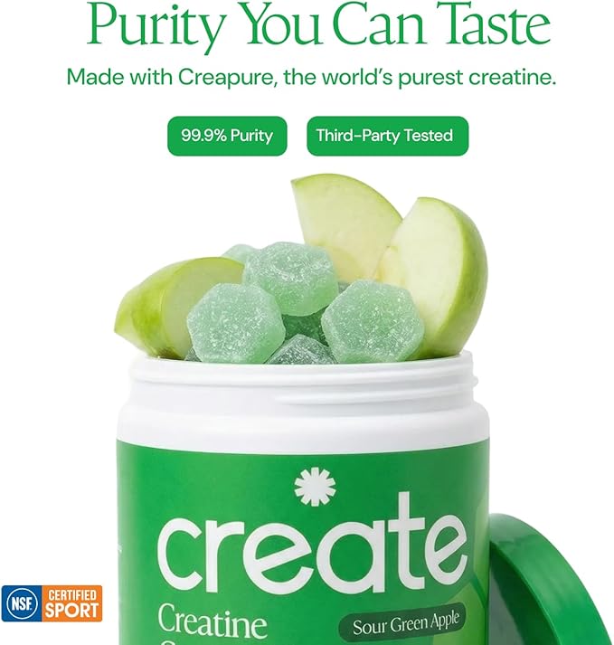 Create Creatine Monohydrate Gummies for Men &amp Women Boost Focus Strength and Endurance Anti-Melting Formula Vegan Gluten-Free Non-GMO 1.5g of Creatine per Gummy (Sour Green Apple)