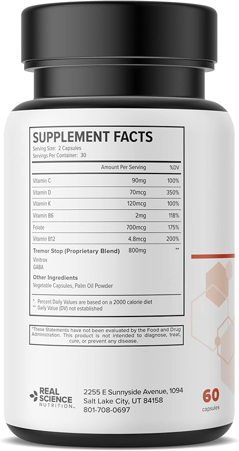 Real Science Dystonex - Dystonia Support Supplement for Tremors Muscle Contractions &amp Spasms – Muscle Relaxer Pills with Vinitrox &amp GABA for Nerve Support &amp Blood Circulation – Made in US