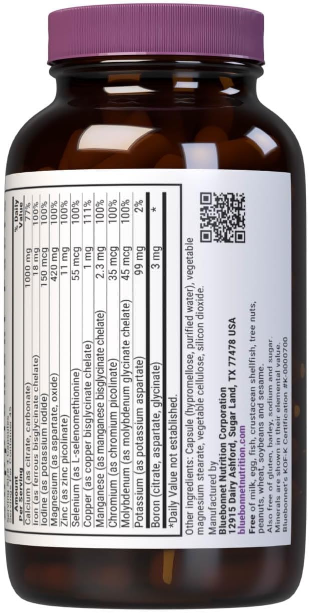 Bluebonnet Nutrition Multiminerals &amp Boron with Iron Full Spectrum Bone Health* Non-GMO Kosher Certified Gluten-Free Soy-Free Dairy-Free 180 Vegetable Capsules 45 Servings