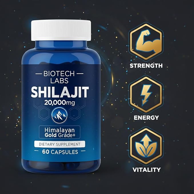 Biotech Labs Shilajit 20000mg – Gold Grade Himalayan Extract | High Fulvic Acid 85+ Trace Minerals | Energy Vitality &amp Testosterone Support | Men’s Wellness &amp Performance | 60 Capsules