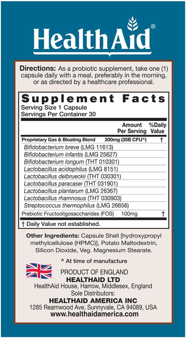 HealthAid GasProbio Digestive Support Probiotic 35 Billion CFU 9 Strains + Prebiotic Helps Support Digestive Comfort &amp Reduce Occasional Bloating – Acid &amp Bile Resistant Vegetarian 30 Capsul