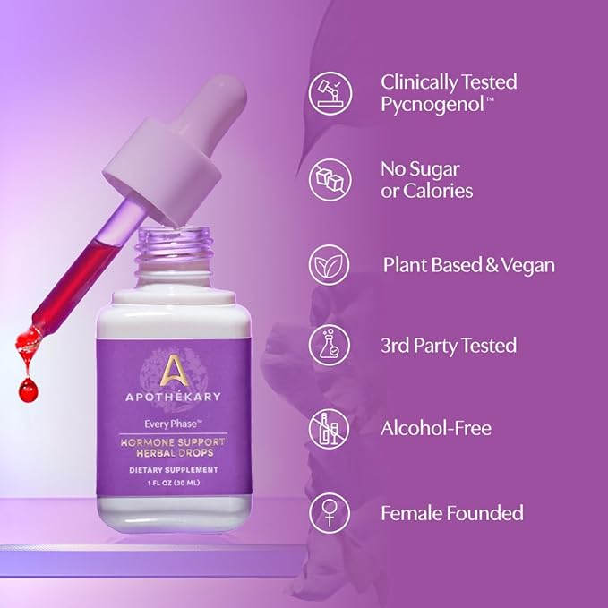 Apothékary Every Phase Natural Hormone Support Hormone-Free Herbal Liquid Drops Clinically-Proven Mediterranean Pine Bark Chaste Tree Berry Menstrual and Menopause Support 1 oz 30 Servings