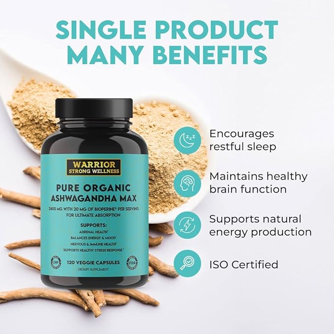 Pure Organic Ashwagandha Capsules with Bioperine - 2400 mg - 120 Capsules - Healthy Stress Response and Mood Boost Immune Health Better Sleep
