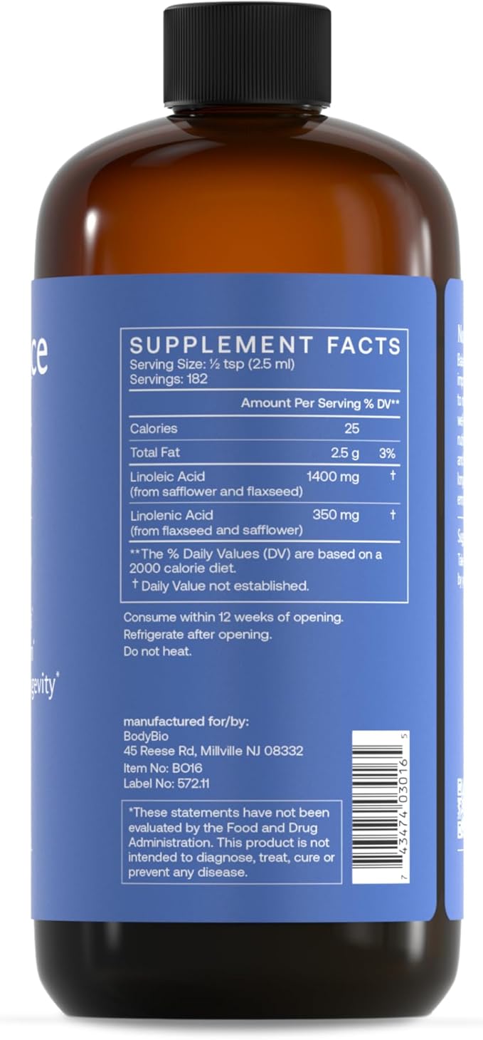BodyBio Balance Oil - Vegan Omega 3 6 Supplement – Cold-Pressed Safflower &amp Flaxseed Oil – Supports Brain Function Healthy Skin and Mood