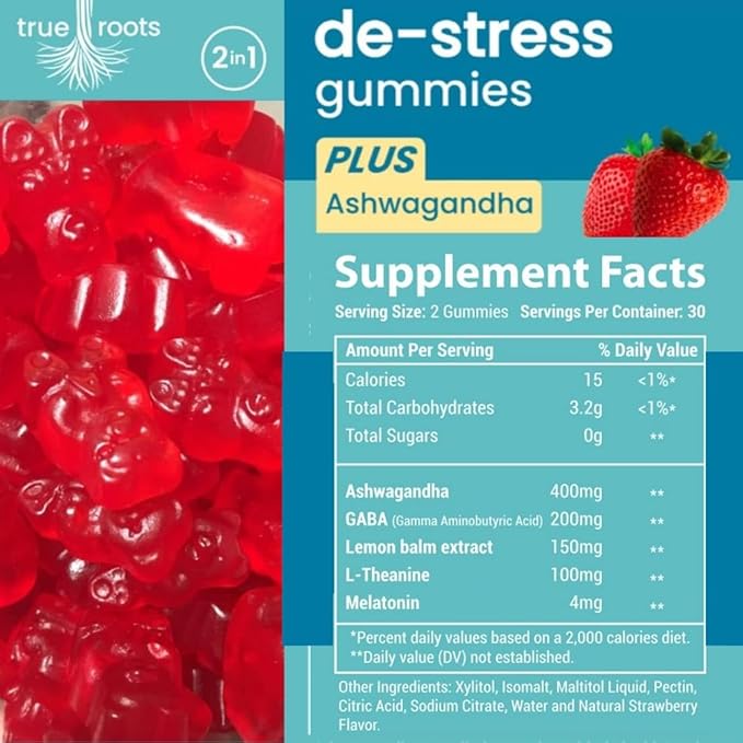 Stress Gummies Same Day Stress Relief | Destress and Calm | Ashwagandha GABA Melatonin l-Theanine Lemon Balm | Sugar Free Vegan 60 ct