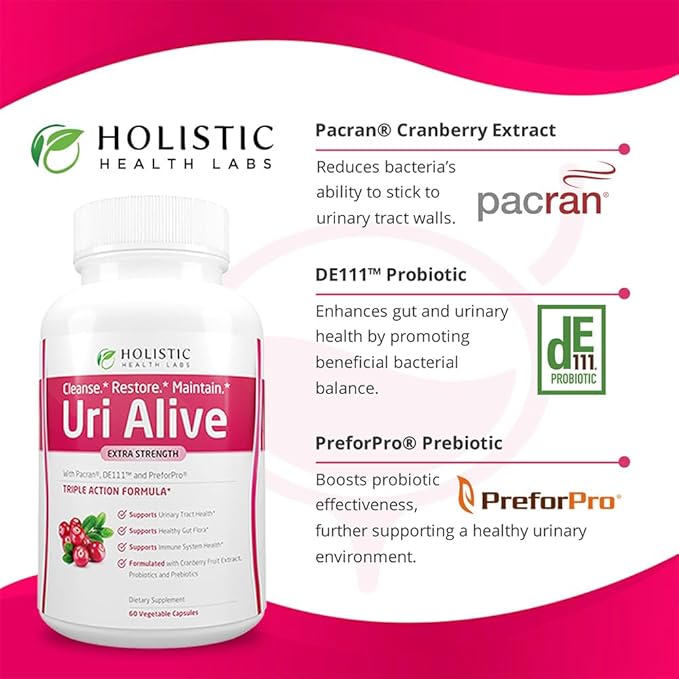 Uri Alive Extra Strength Urinary Support Supplement for Urinary Tract Bladder Gut Flora and Immune System Health (60 Count (Pack of 1))