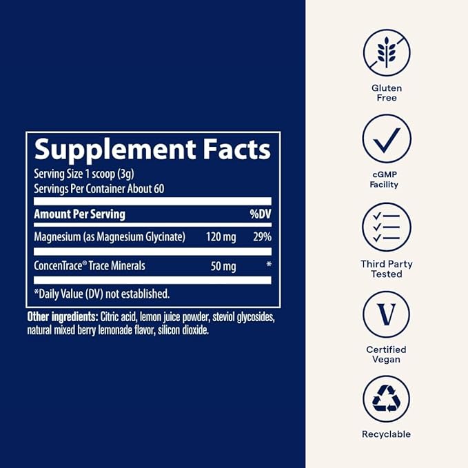 Trace Minerals Magnesium Glycinate Powder - Daily Magnesium Powder for Sleep Support - Calming Bedtime Drink - Natural &amp Gentle - Mixed Berry Lemonade - 180g (60 Servings)