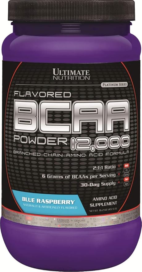 Ultimate Nutrition Flavored BCAA Powder 12000 Branched Chain Post Workout Amino Acid Supplement-Caffeine-Free with 3g Leucine 1.5g Valine 1.5g Isoleucine- Blue Raspberry 60 Servings