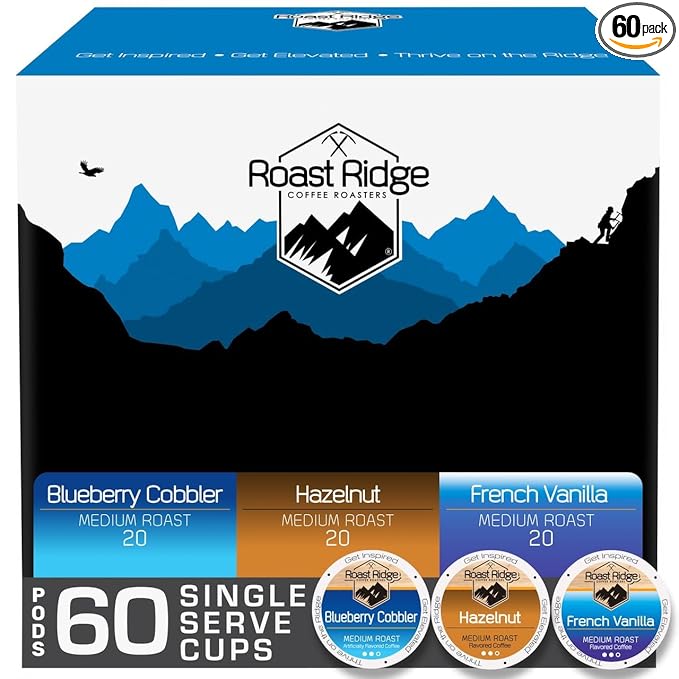 Roast Ridge Single Serve Coffee Pods for Keurig K-Cup Brewers Flavored Variety Pack Medium Roast 60 Count (20 each: Blueberry Cobbler Hazelnut French Vanilla)