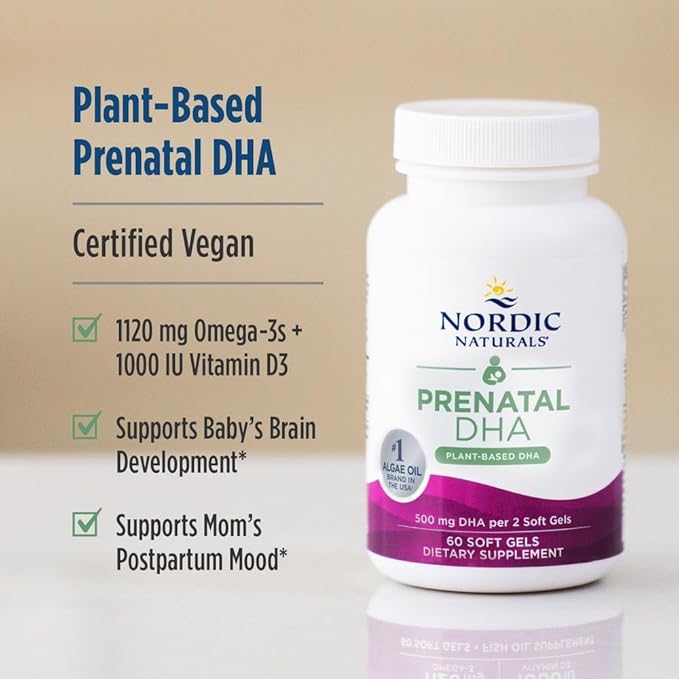 Nordic Naturals Vegan Prenatal DHA Unflavored - 60 Soft Gels - 500 mg Plant-Based DHA - Supports Brain Development in Babies &amp Healthy Pregnancy - Non-GMO - 30 Servings