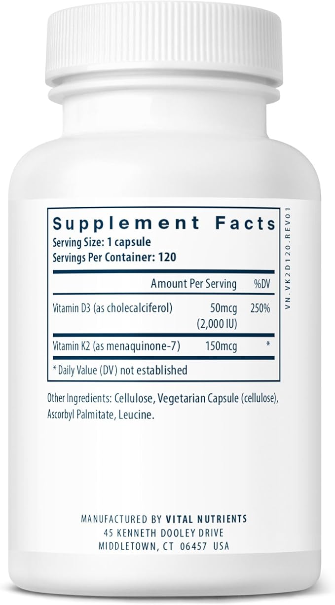 Vital Nutrients Vitamin D3 + K2 | 2000 IU | Vitamin D3 K2 Supplement | Vitamin D Complex for Healthy Calcium Levels Muscle &amp Bone Health | Gluten Dairy Soy Free | 120 Capsules