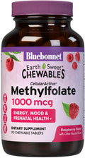 Bluebonnet EarthSweet Methylfolate 1000 mcg Cellular Active Coenzyme 5-MTHF L Methyl Folate Supplement - Prenatal &amp Energy Support - Non-GMO Vegan Gluten-Free - Raspberry - 90 Chewable Tablets