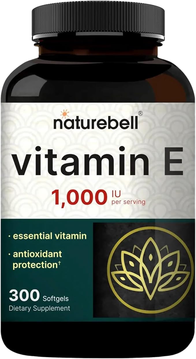 NatureBell Vitamin E 1000 IU Per Serving - 300 Softgels - Antioxidant Supplement for Skin Heart &amp Brain Health Support - High Bioavailability* - Gluten-Free &amp Non-GMO
