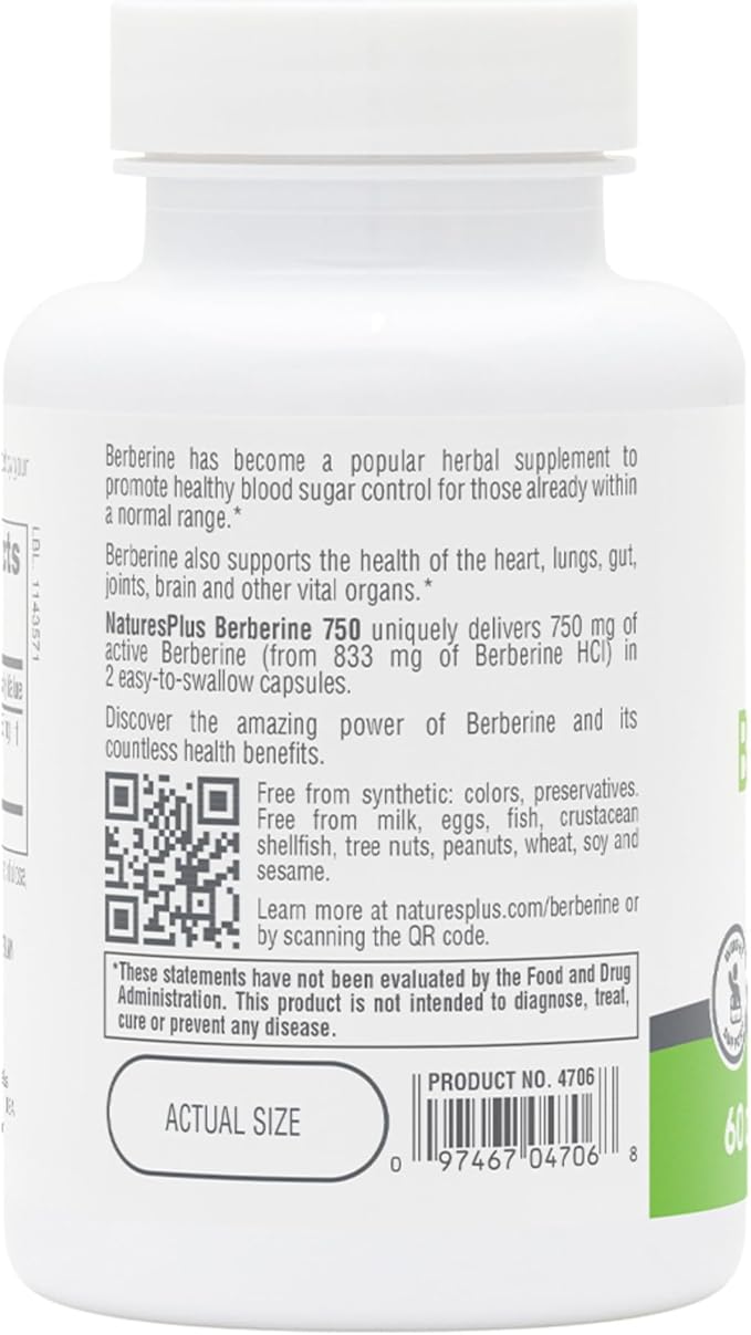 NaturesPlus PRO Berberine 750 mg - 60 Capsules - Supports Healthy Metabolism - Non-GMO Vegan &amp Gluten Free - 30 Servings