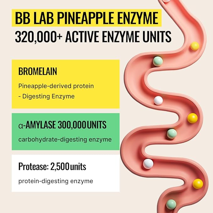 BB LAB Pineapple Enzyme Supplement Natural Digestive Enzymes with α-Amylase Protease Bromelain Korea Formula Supports Carb &amp Protein Breakdown