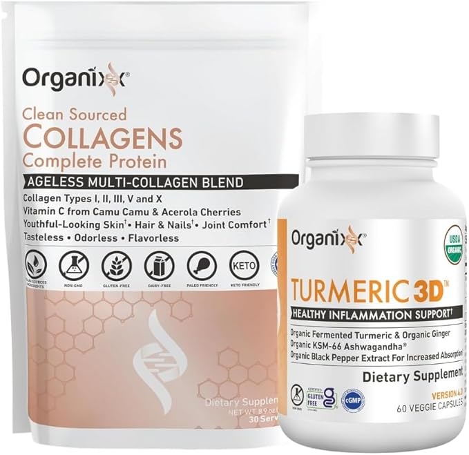 Organixx Clean Sourced Collagens (30 Servings) &amp Turmeric 3D (60 Caps) Bundle Collagen Protein Organic Turmeric Ginger &amp Ashwagandha Supports Joints Skin Hair Nails &amp Immune Health