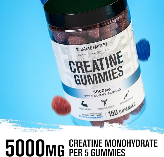 Jacked Factory Creatine Monohydrate Gummies 5g Daily Dose - Creatine Gummy for Men and Women Vegan-Friendly Travel-Friendly Third-Party Tested - 150 Gummies Blue Raspberry &amp Watermelon