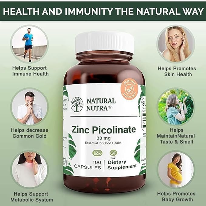 Natural Nutra Zinc Picolinate 30 mg Double Strength Raw and Pure Highly Bioavailable Supplement for Growth &amp Immunity Helps Promote Skin Health Support Metabolic System 100 Capsules (2 Pack)