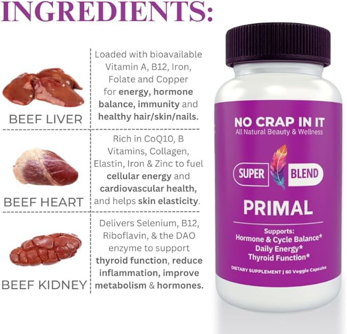 No Crap In It Primal Beef Organ Capsules – Grass Fed Desiccated Beef Liver Heart &amp Kidney Supplement for Women &amp Men – Ancestral Multivitamin Natural Energy &amp Hormone Support – 60 Capsul