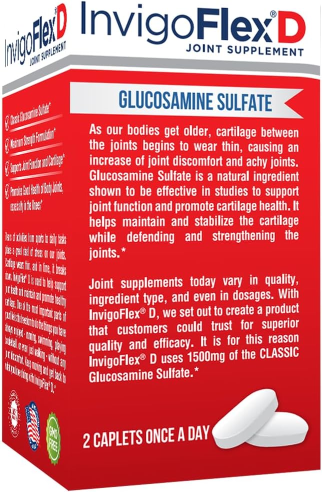 INVIGOFLEX® D - 1500mg of Glucosamine Sulfate (Classic Formulation) - Premium Joint Supplement for Knees Hands Back &amp Hip Support D: Glucosamine Sulfate Caplets - 60 Ct (Pack of 2)