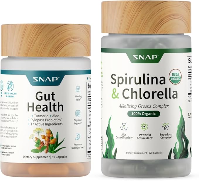 Snap Supplements Gut Health Lipase Supplement &amp Organic Spirulina Chlorella Bundle–Probiotic + Greens–Supports Digestion Detox Energy &amp Immune Health 50 + 120 Vegetarian Capsules (1 Month S