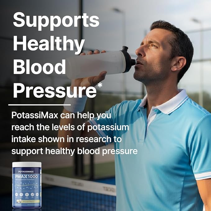 PMAX1000 High Dose Pure Potassium Electrolyte Supplement Powder 1000mg 4-Type Potassium Blend-Citrate Gluconate BicarbonateChloride. Supports Healthy Blood Pressure Heart Kidneys Bones Muscles